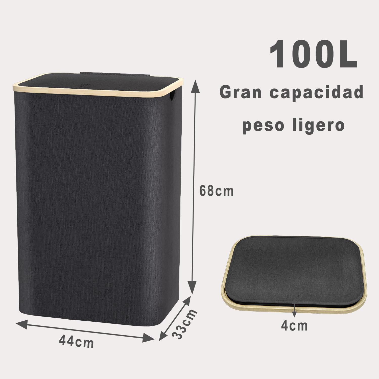 Cesto de Ropa Sucia con Tapa 100L - Cesto de Ropa Plegable con Asa de Bambú y Bolsillo Extraíble, Cubo Ropa Sucia para Dormitorio, Baño y Lavandería, Negro