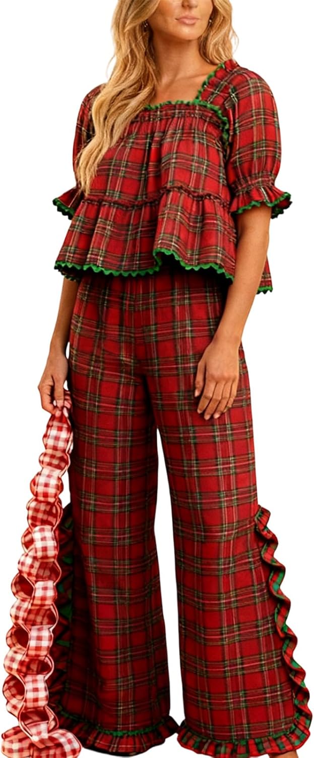Bocymolay Women Christmas Red Plaid Pajamas Set Gingham Short Sleeve Babydoll Shirt Ruffle Pants 2 Piece Pj Loungewear