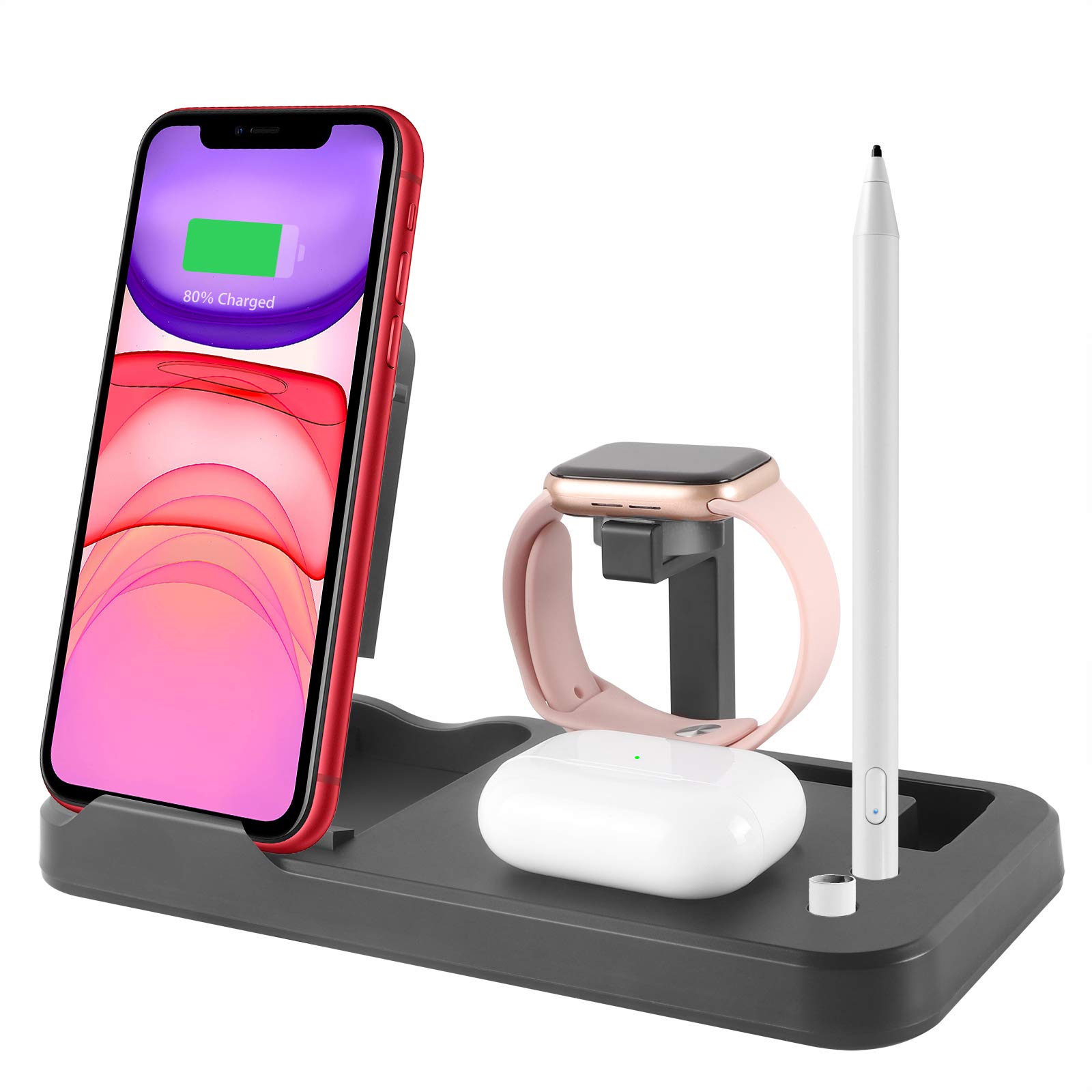 Station de charge sans fil 4 en 1, support de charge pliable, station de charge rapide améliorée pour iWatch Series 6/SE/5/4/3/2, AirPods et crayon, compatible avec iPhone et téléphone Android