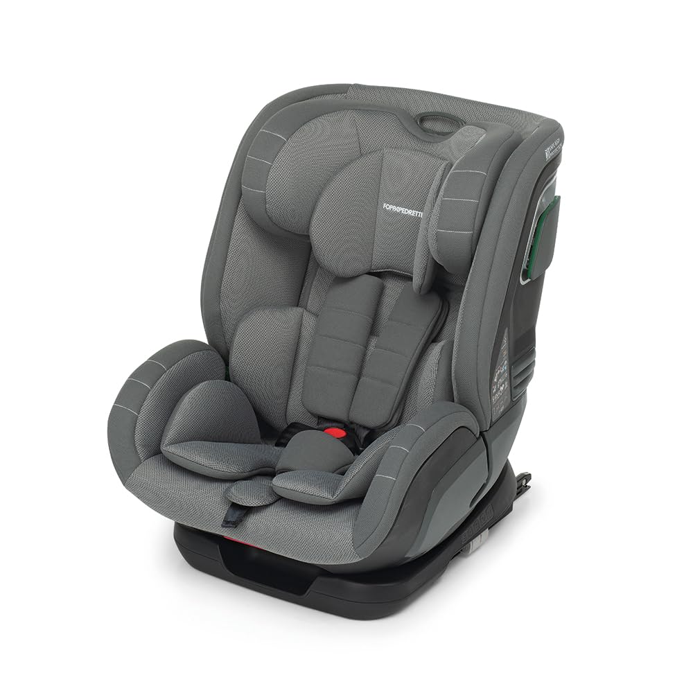 Foppapedretti Fotelik samochodowy dla dzieci w wieku od 76 do 150 cm, 15 miesięcy - 12 lat, zgodny z ECE R129, mocowanie Dualfix (ISOFIX i NIE), Safe Body Protection, Comfort Kid Pad, kolor szary