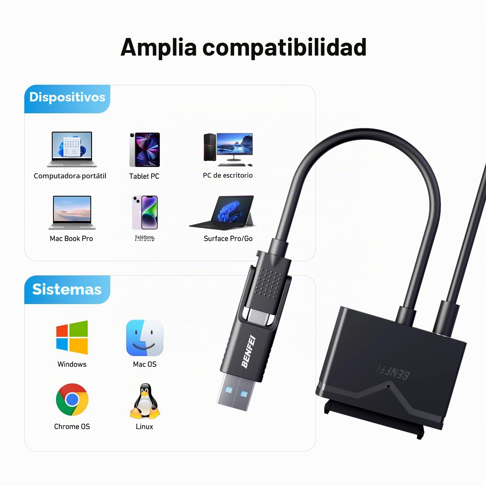 BENFEI Adaptador USB 3.0 a SATA, 2 en 1 USB C/USB 3.0 a SATA III, adaptador de disco duro para disco duro HDD/SSD de 2,5 pulgadas / 3,5 pulgadas y unidad óptica SATA con adaptador de red de 12 V/2 A
