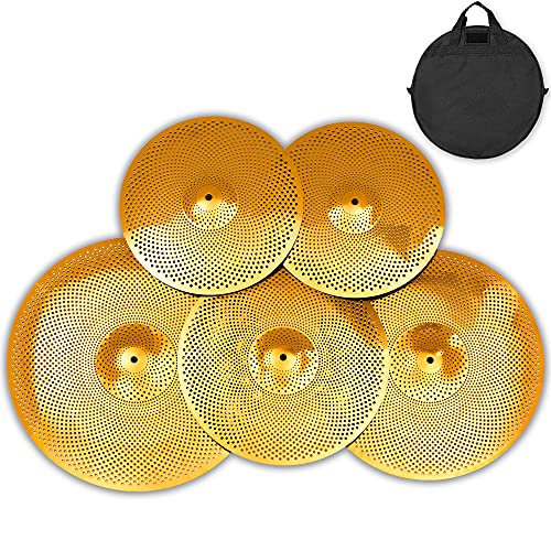 Low Volume Cymbal Pack, Quiet Cymbal Set 14''/16''/18''/20'' (5 Pcs, Golden) | Free Cymbal Bag Included #TOP16