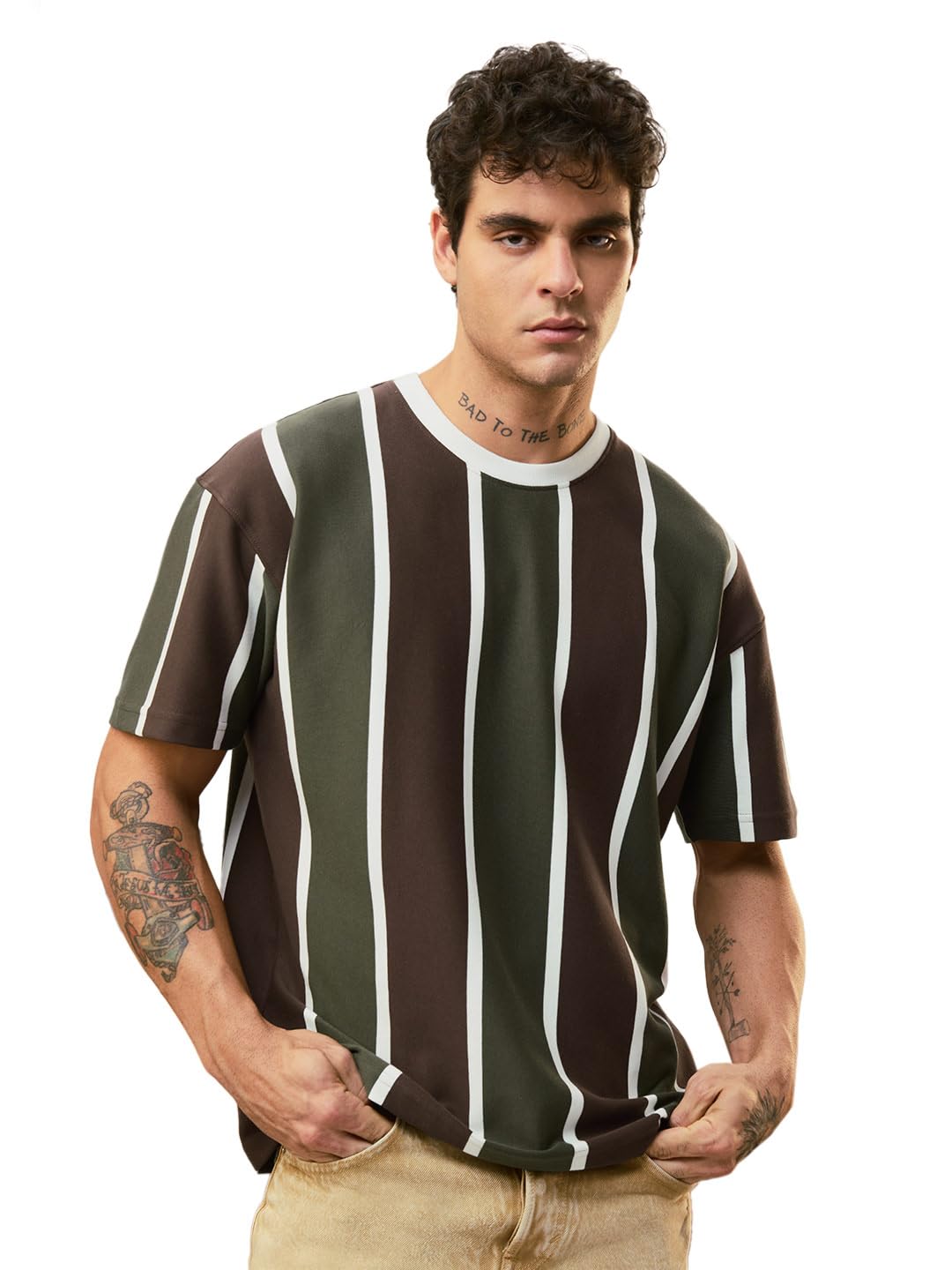 The Souled Store Maglietta a righe: Olive Branch Uomini e Ragazzi Maniche Corte Girocollo Marrone Oliva A Righe Stile Retrò Casual Leggero Spalla Scesa Streetwear Trendy Oversize T-shirt