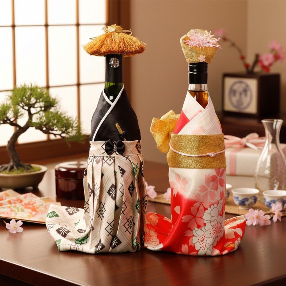 Lot De 2 Housses De Bouteille Créatives De Style Kimono Japonais avec Chapeaux, Idéales pour Décorer Une Bouteille De Vin Ou De Champagne.