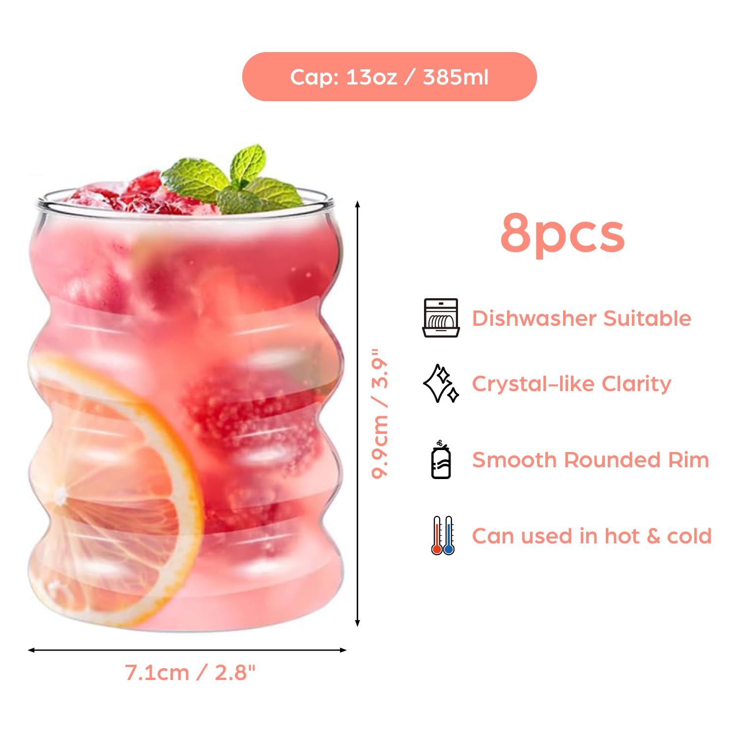 Generisch 8 Stück Wellenförmiges Gewinde-Glas – Retro-Ästhetik, 350 ml/12 oz. Ideal für Cocktails, kalte Getränke, Kaffee, Eiscreme, Limonade und Fruchtsäfte