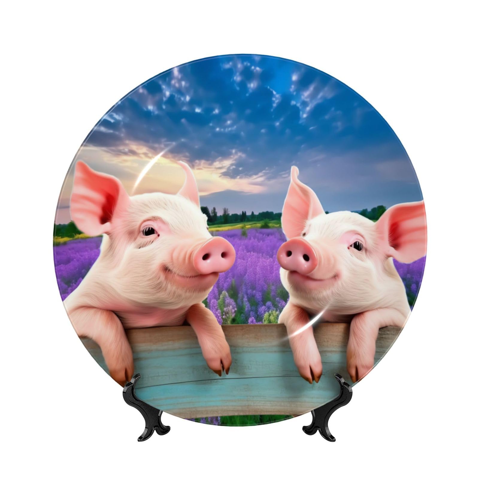 YZILDP Funny Pigs Ceramic Plate with Display Stand,7in,Farmhouse Decorative Cute Animal Plates Wall Hanging Ceramic Craft Decor for Kitchen Dining Room Home,Purple Florals Pigs