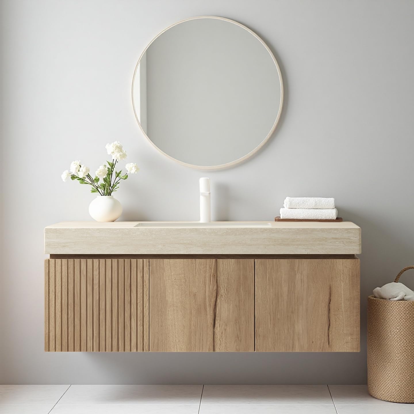 Ambrovina 48 inch Bathroom Vanity with Sink, Wall Mounted Bathroom Vanities with Drawer and 2 Doors, Roma Travertine-Pattern Countertop and Ceramic Basin, Pre-Assembled, Light Wooden Color