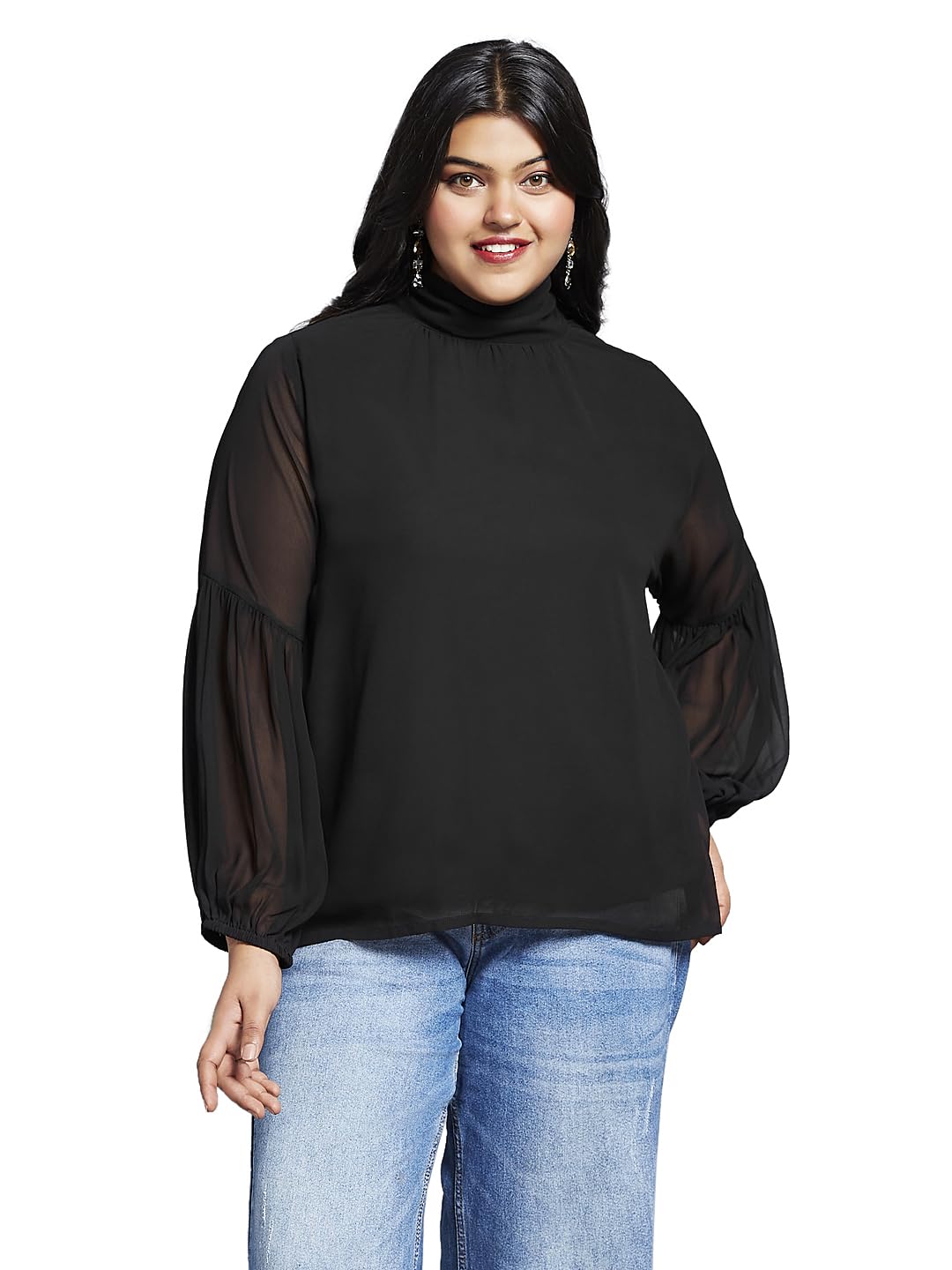 Gloplus Women Tie-up High Neck Bishop Sleeves Georgette Plus Size Workwear Top