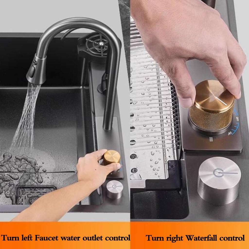 Lavello a sifone a cascata con accessori per rubinetto, multifunzione, in acciaio inox, colore nero