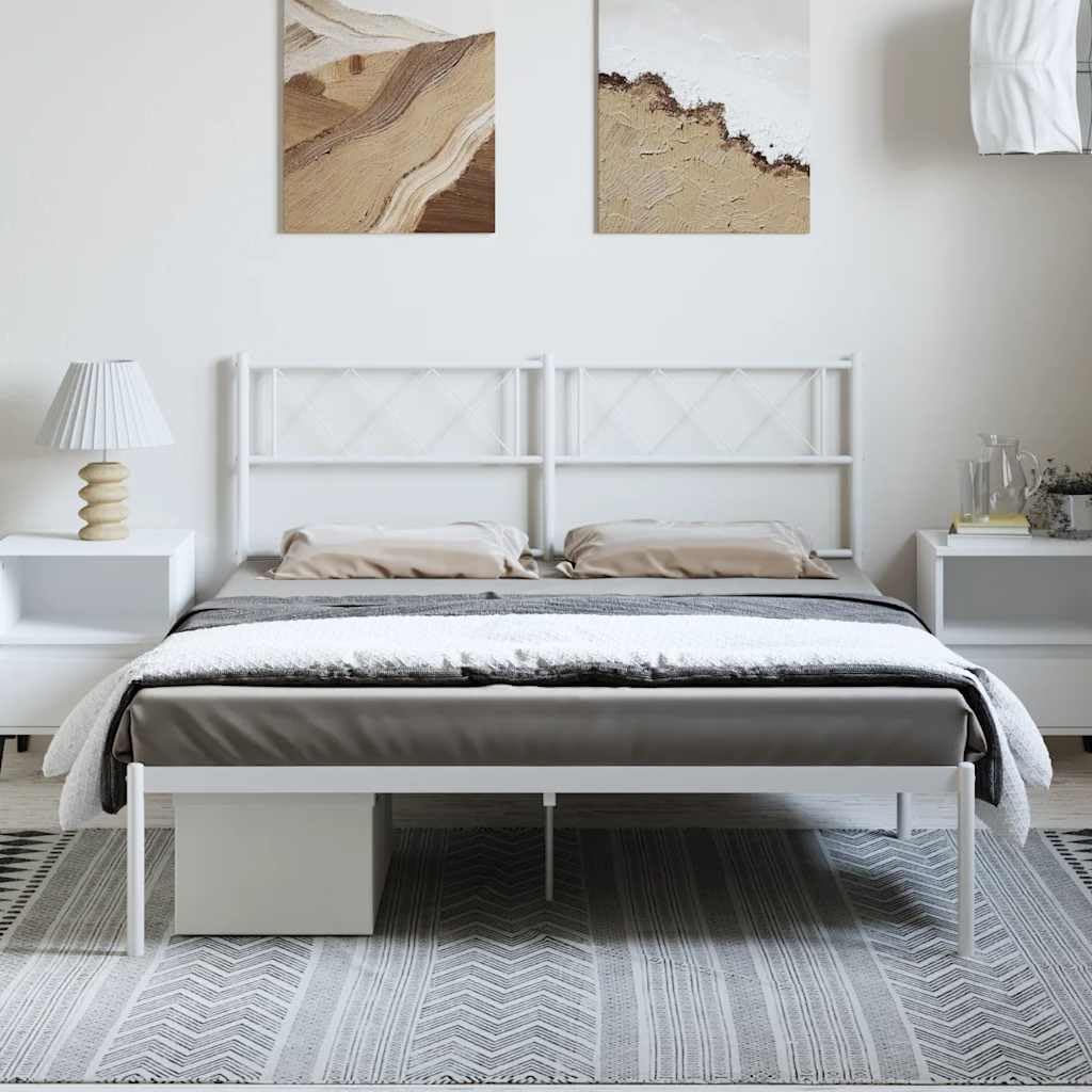 White Metal Bed Frame with Powder-Coated Steel, 55.9 x 77.2 in, Sturdy Platform Foundation with Headboard, Easy Assembly, No Box Spring Needed, Durable Slatted Design for Bedroom Storage