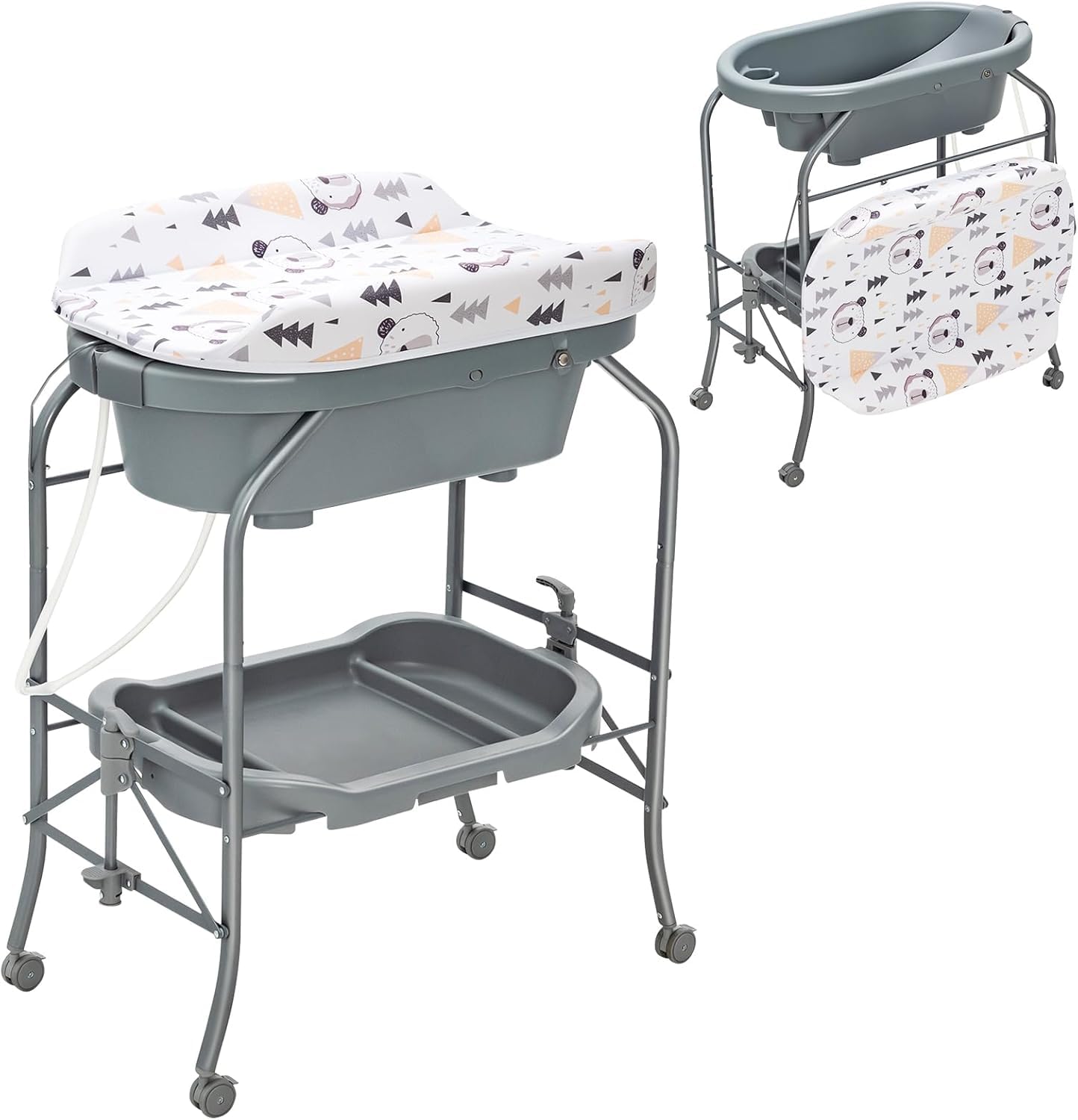 RELAX4LIFE 4 en 1 Cambiador/Bañera Bebe Plegable con 4 Ruedas Universales Bloqueables y 1 Estante, Cambiador Bebe Portátil con Cojín Impermeable, Bañera para Bebé 0-12 Meses, Carga 35kg (Gris Oscuro)