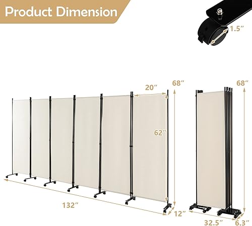 Miniatura 7 de GOFLAME Divisor de habitación plegable de 6 paneles, pantalla de privacidad enrollable de 6 pies con ruedas bloqueables, pantalla de partición de