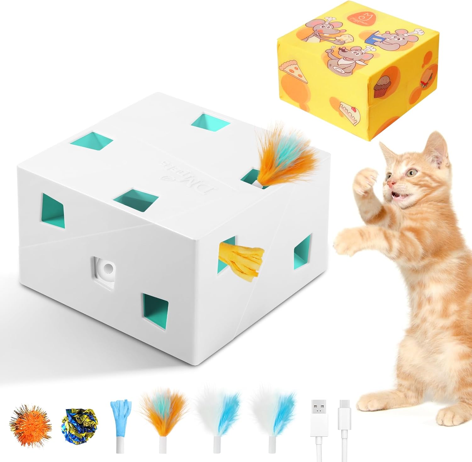 Migipaws Automatic MigiBox Plus with Replacement Cat Toys 3 n1 Interactive Pounce Mystery Under PopSkin 12 Holes Cardboard Kitten Toys for Indoor Rechargable 8 Accessories(White)