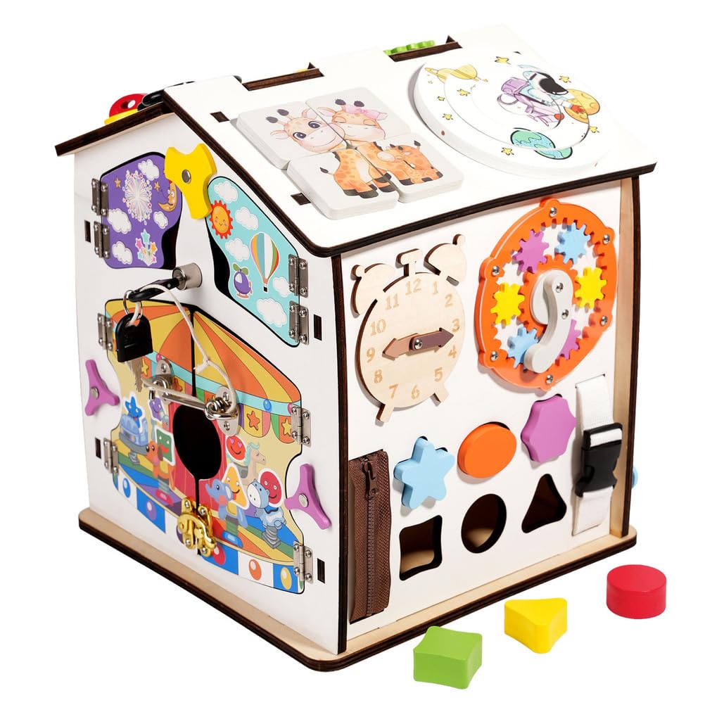 Casa Occupata in Legno Montessori, Cubo Sensoriale per Bambini con Serrature e Chiusure