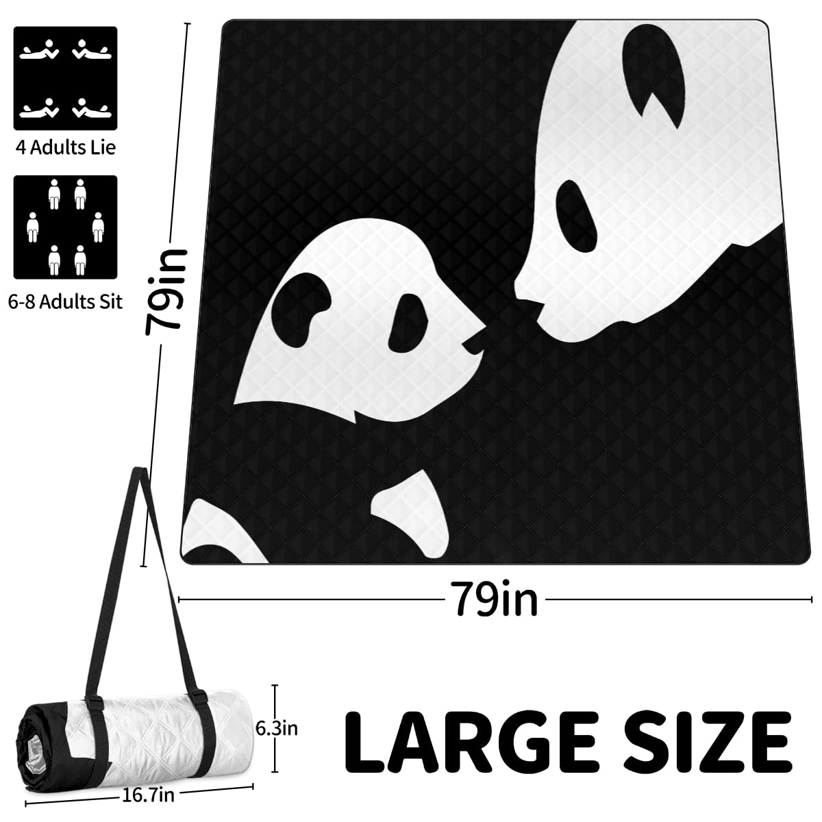 Shimoshe Extra Large Picnic Blankets 79”x 79”, Cute Animal Panda Waterproof Foldable Picnic Mat with Straps Portable Beach Blanket for Camping Park Grass Beach Indoor