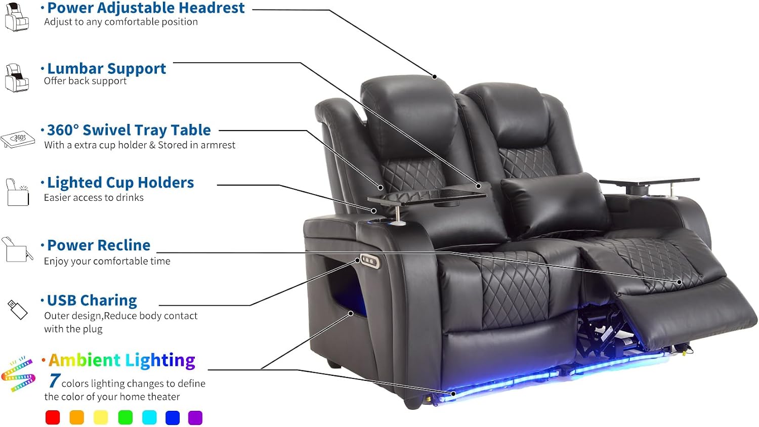 Airadlis Home Theater Seating Seats Dual Power Movie Theater Chairs Theater Recliner Sofa with 7 Colors Ambient Lighting, Lumbar Pillow, Side Pocket, Tray Table,Type-C USB Charge