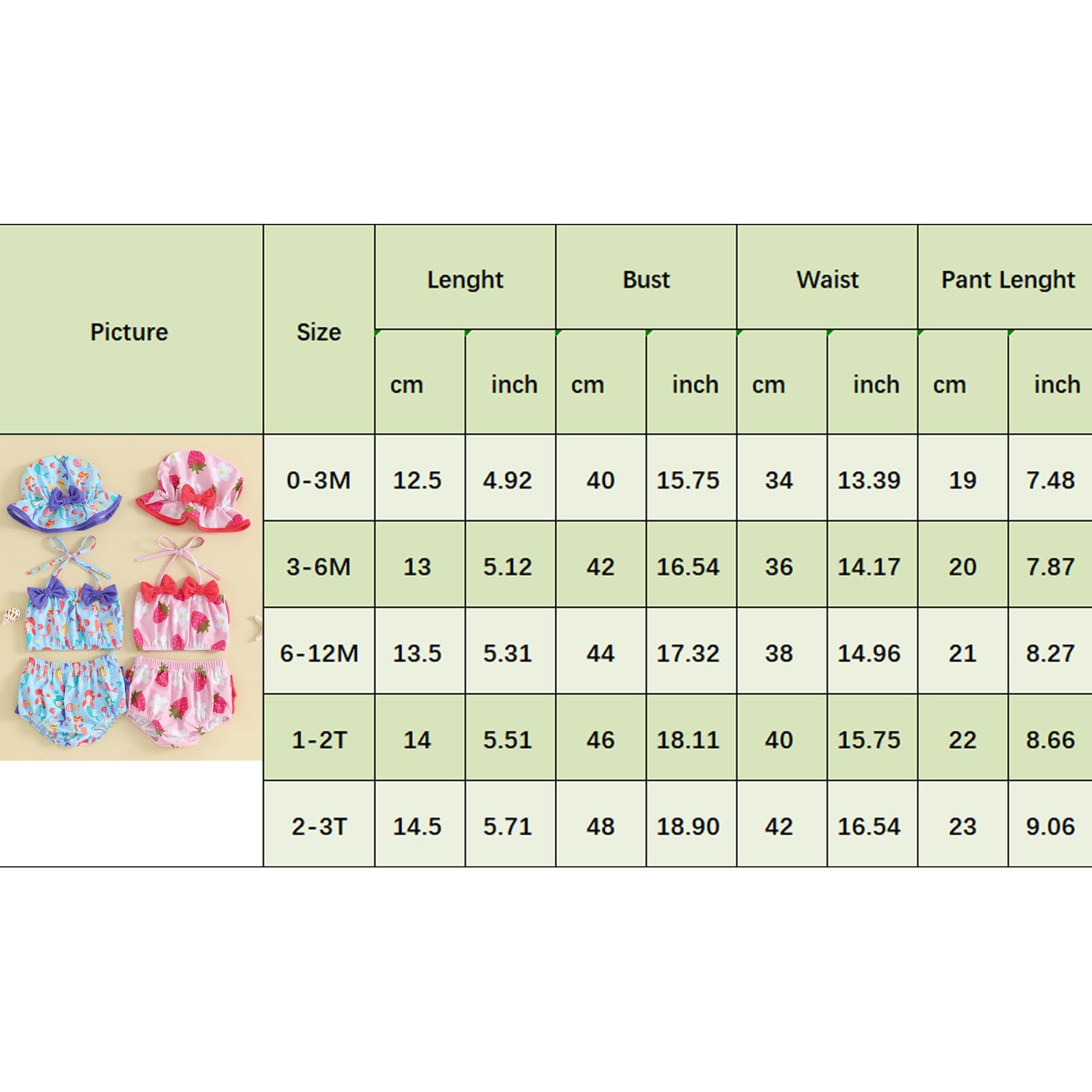 3 Pezzi Costume da Bagno Neonata Bikini Set Bambina Estate Stampa Fragola/Sirena Top Senza Manica+Fondo+Cappello Completo da Mare Spiaggia