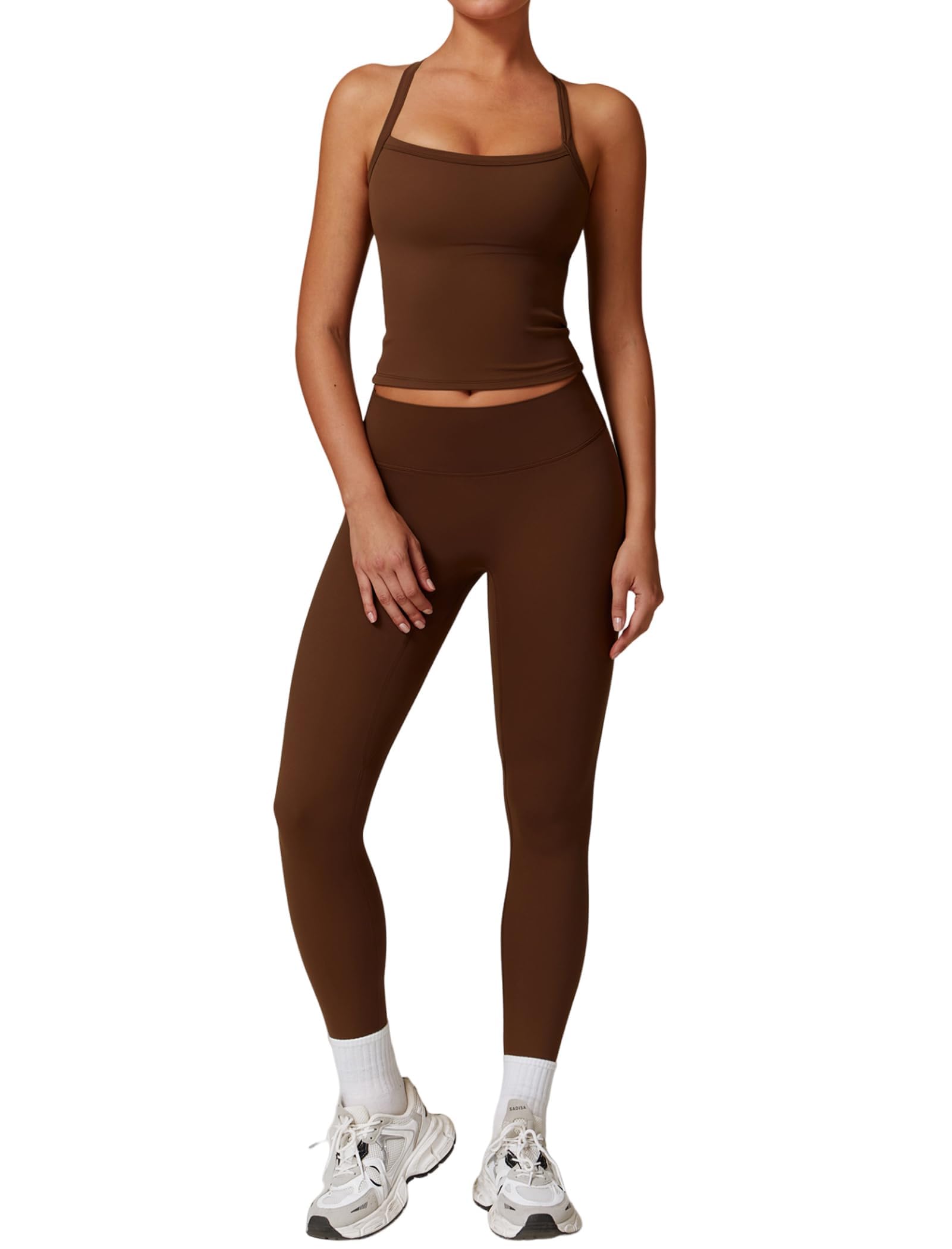Womens Workout Sets Two Piece Cross Back Tank Top Matching High Waist Leggings Sets Gym Outfits Work Out