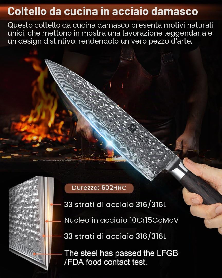 XINZUO 20.1cm Coltello da Cuoco Acciaio Damasco, Coltello da chef Professionale Forgiato a Mano Coltello da Cucina con Ergonomico Manico in Legno di Pakka- He Serie