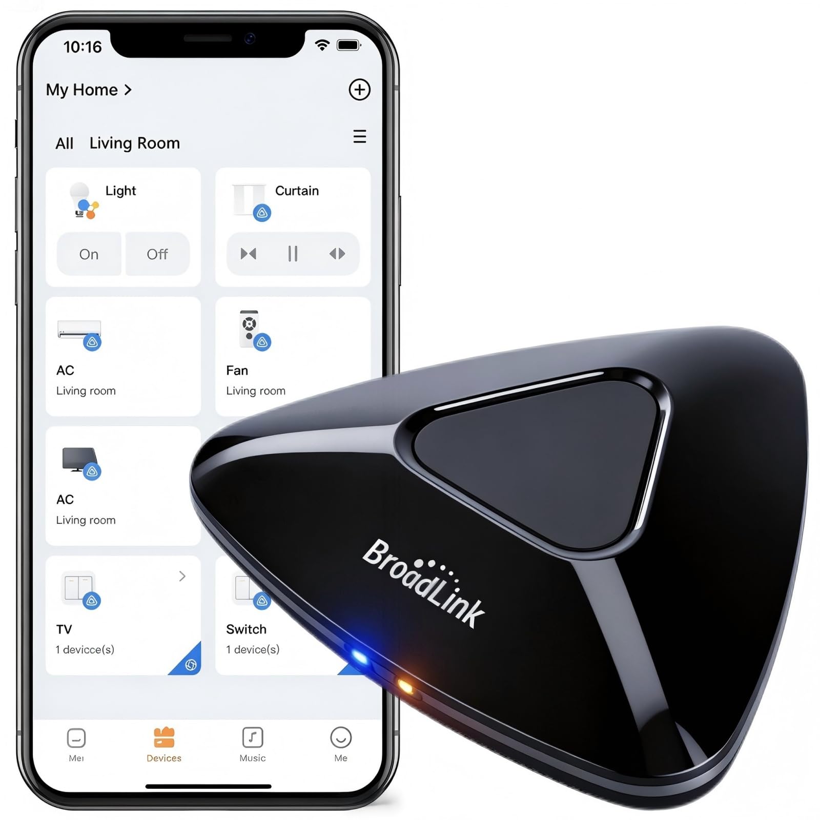Centrum sterowania domem inteligentnym Broadlink RM MAX, kompatybilne z Matter, uniwersalny pilot Wi-Fi i BLE do urządzeń na podczerwień i radiowych, współpracuje z Alexą i Google Home (Kwadratowa)