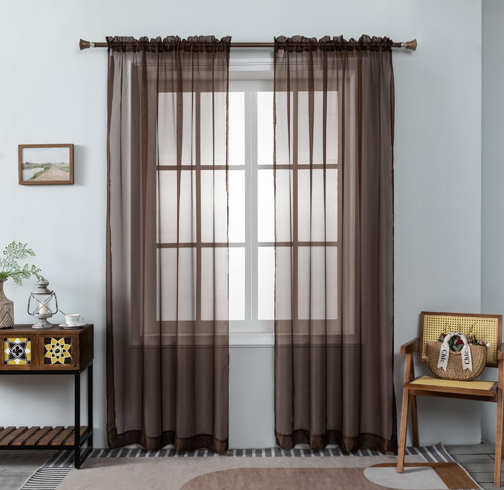 Coffee Brown sheer curtains 84 inches long 2 Panels for Livingroom window Treatment Beautiful rod pocket Curtains Bedroom, Kitchen, living children room Fully Stitched and Hemmed 58 inch Wide panel