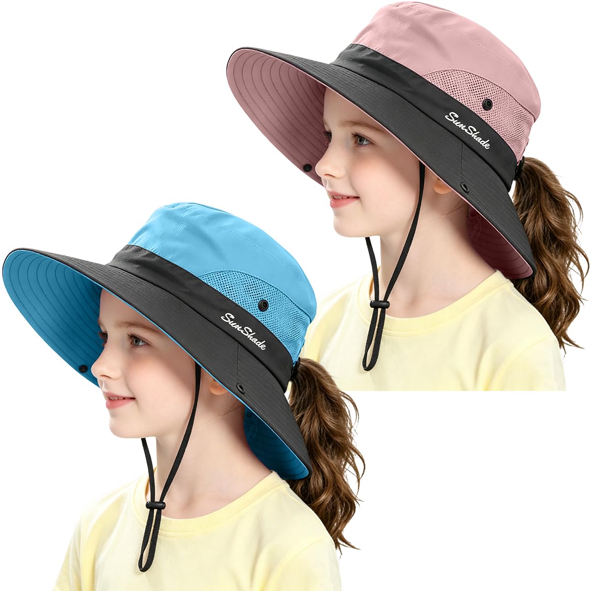 Sombrero de verano para coleta para niñas y niñas, ala ancha, protección UV, gorra de playa