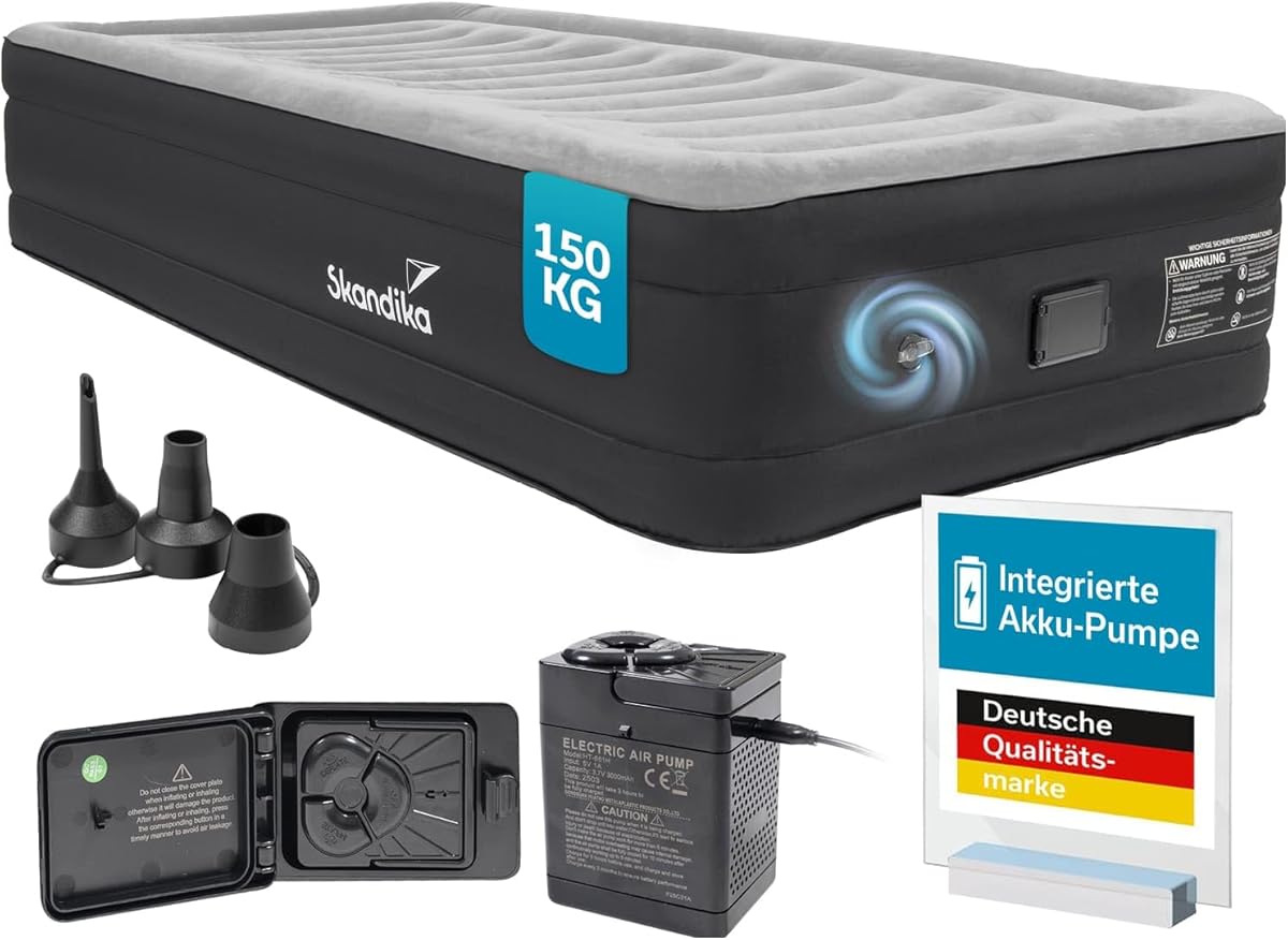 Skandika Single Luftmatratze Sveja Flex | aufblasbare Matratze, für 1 Person, Luftbett selbstaufblasend mit Pumpe, 199 x 102 x 40 cm, 150 kg belastbar, Tragetasche | Luftmatratzen, Zelt, Camping