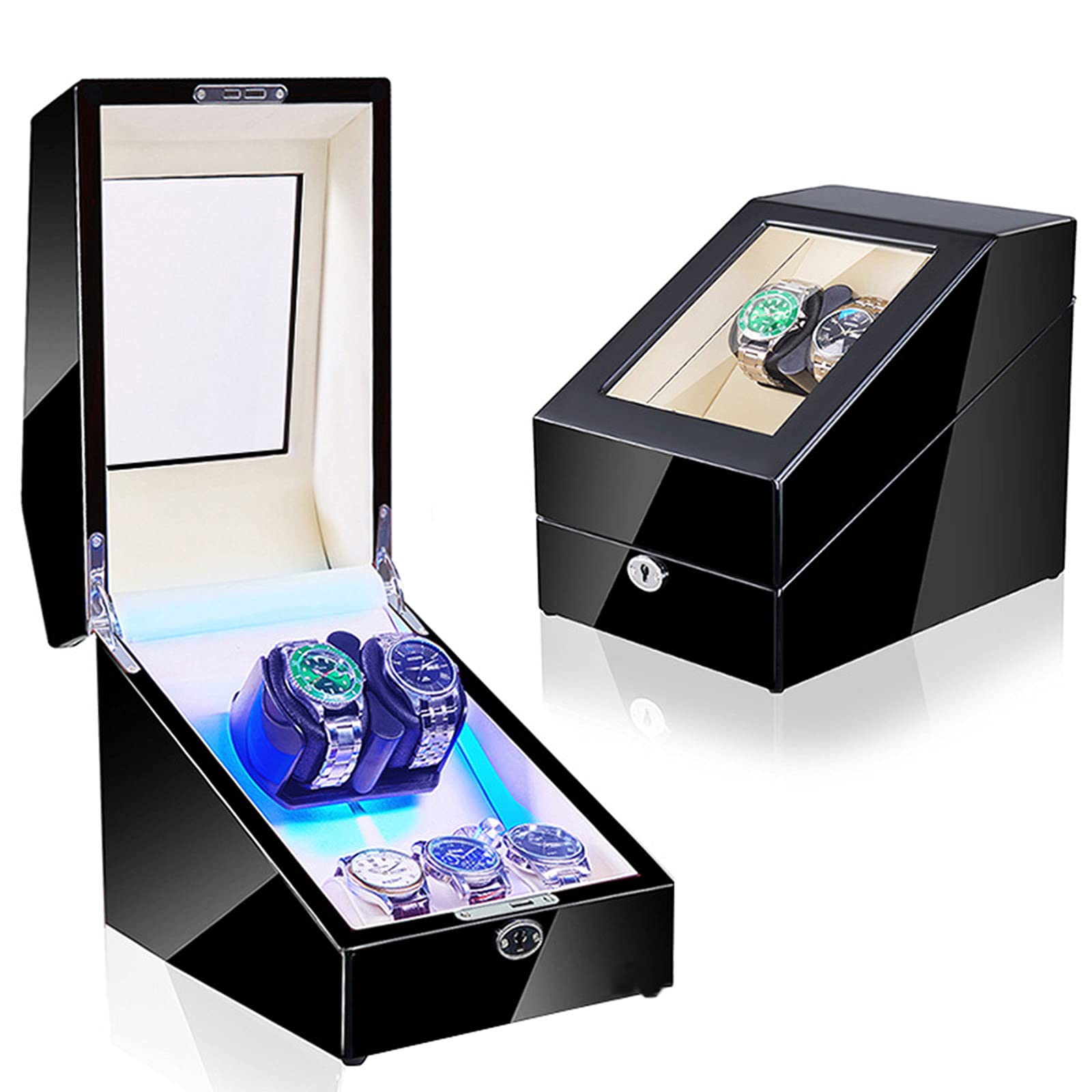 CWZZWS Luxury Automatic Watch Winder 2+3 Storage Display Case Box with Led Backlight Memory Latex Watch Pillow Super Quiet Motor Fit Man Women Automatic Watch,Leather 02,Leather 04