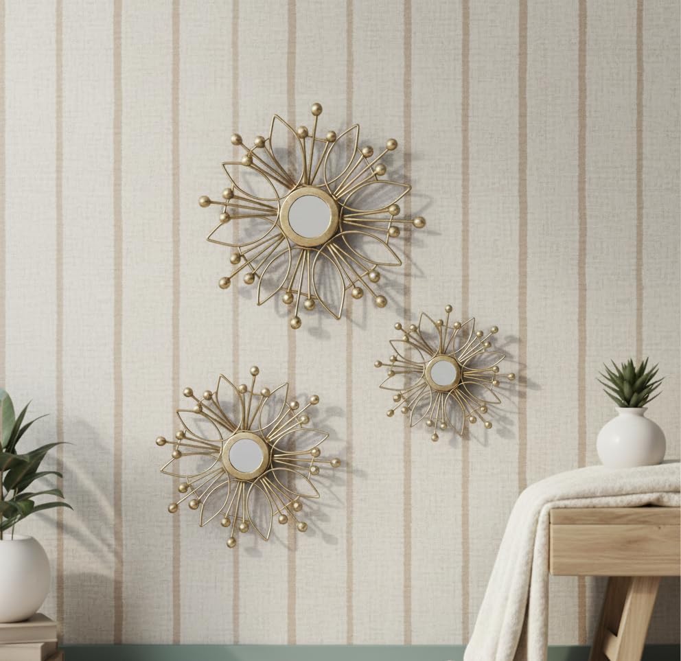 Image of Metal Wall Art with Mirror for living room and Home Decorations, Metal Wall Hanging Decoration for Living Room Office Bedroom,| Gift Items (Pack of 3 different sizes)