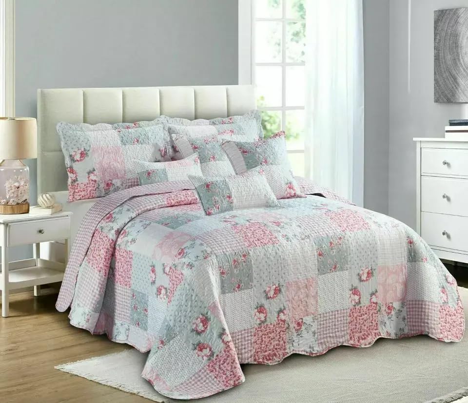 Online Bedding Quilted Patchwork Bedspread - Hypoallergenic, Machine Washable Duvet & Pillowcases Bedding Set (Floral Grey, Super King)