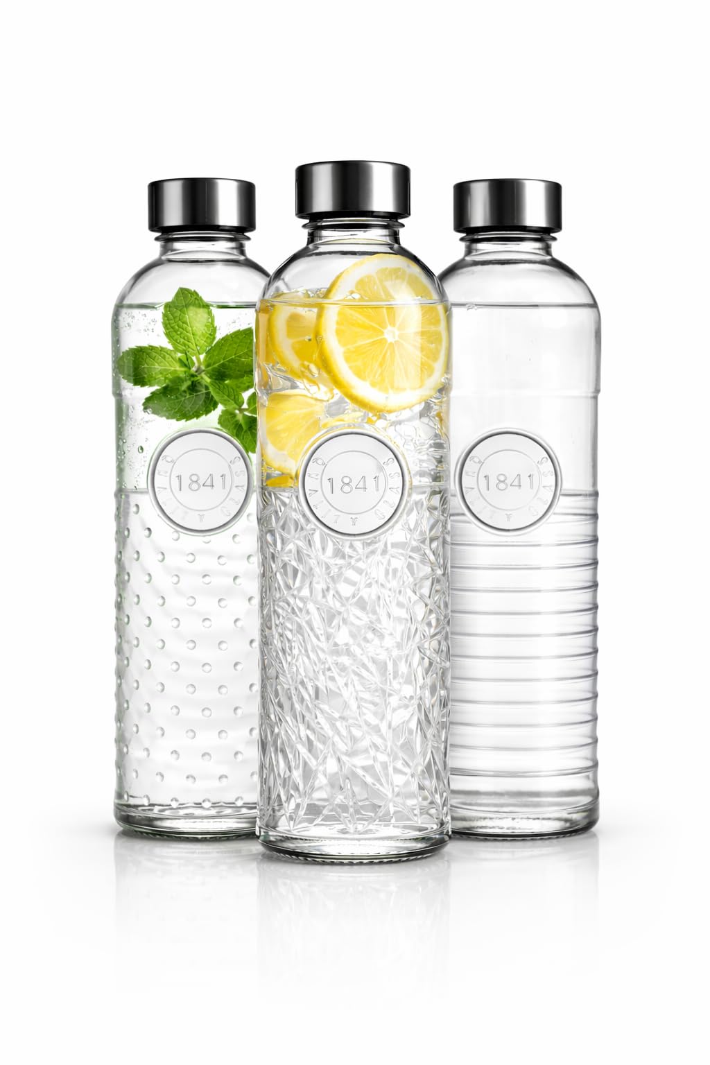 happyTeri Glas Wasserflasche 1L - Luftdichte Trinkflasche mit Schraubverschluss - Vintage Design für Wasser & Saft - Kühlschrankgeeignet - (3er Set)
