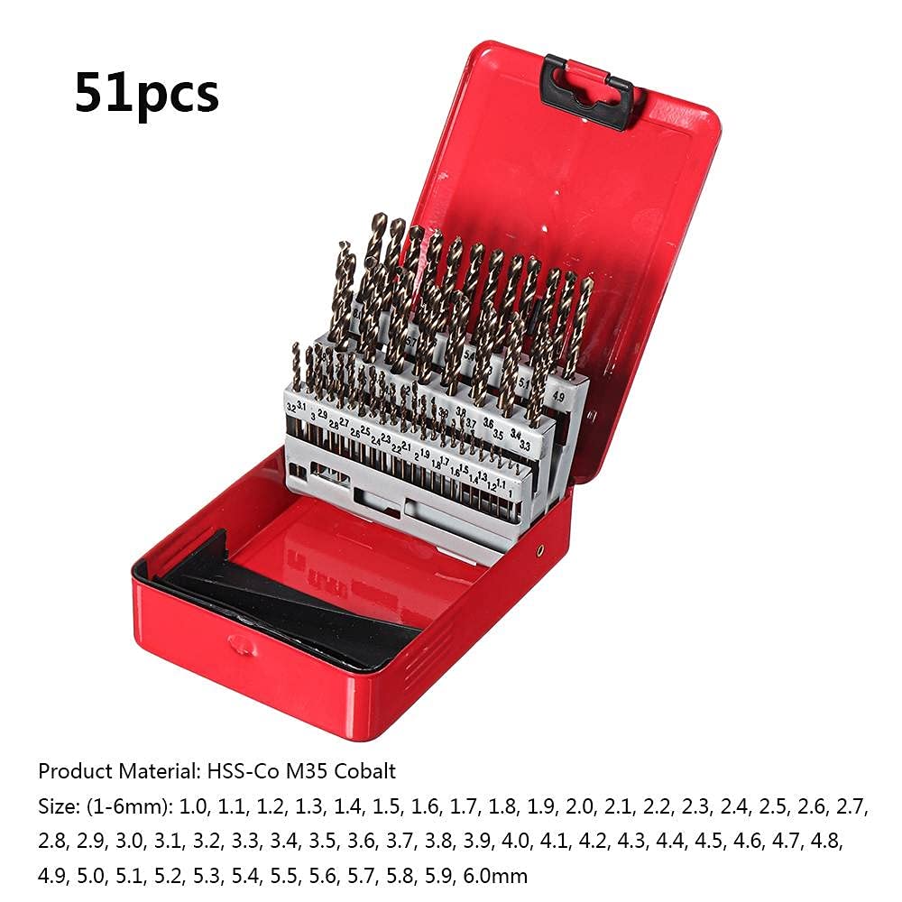 Juego de Brocas helicoidales de vástago Recto de 51 Piezas con Caja de Metal Accesorios de Herramientas eléctricas para Madera de Acero Inoxidable