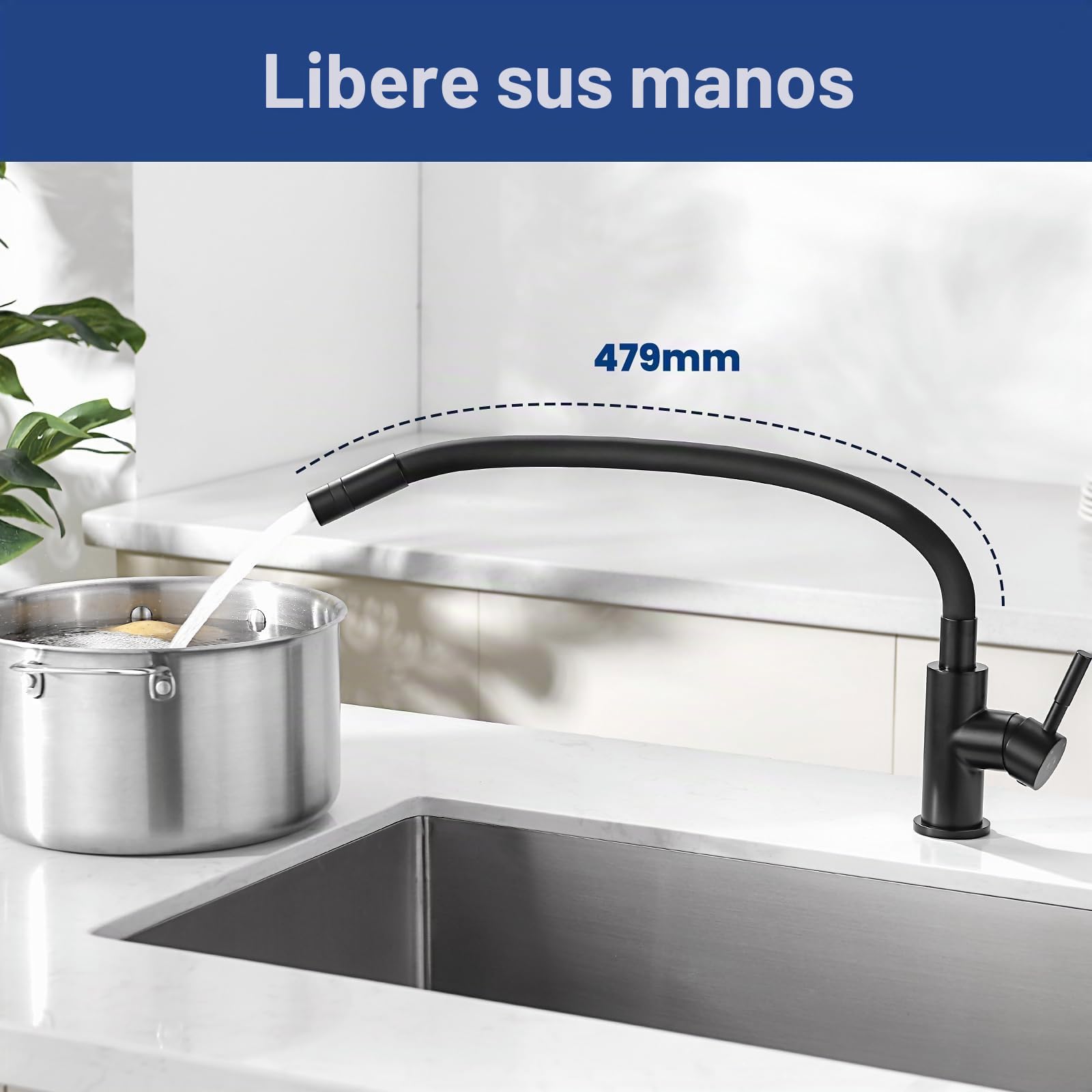 CECIPA Grifo Cocina Flexible Con 2 Chorros de Agua, Abatible, Negro Mate, Fregadero Giratorio a 360º, Para Agua Caliente Y Fría