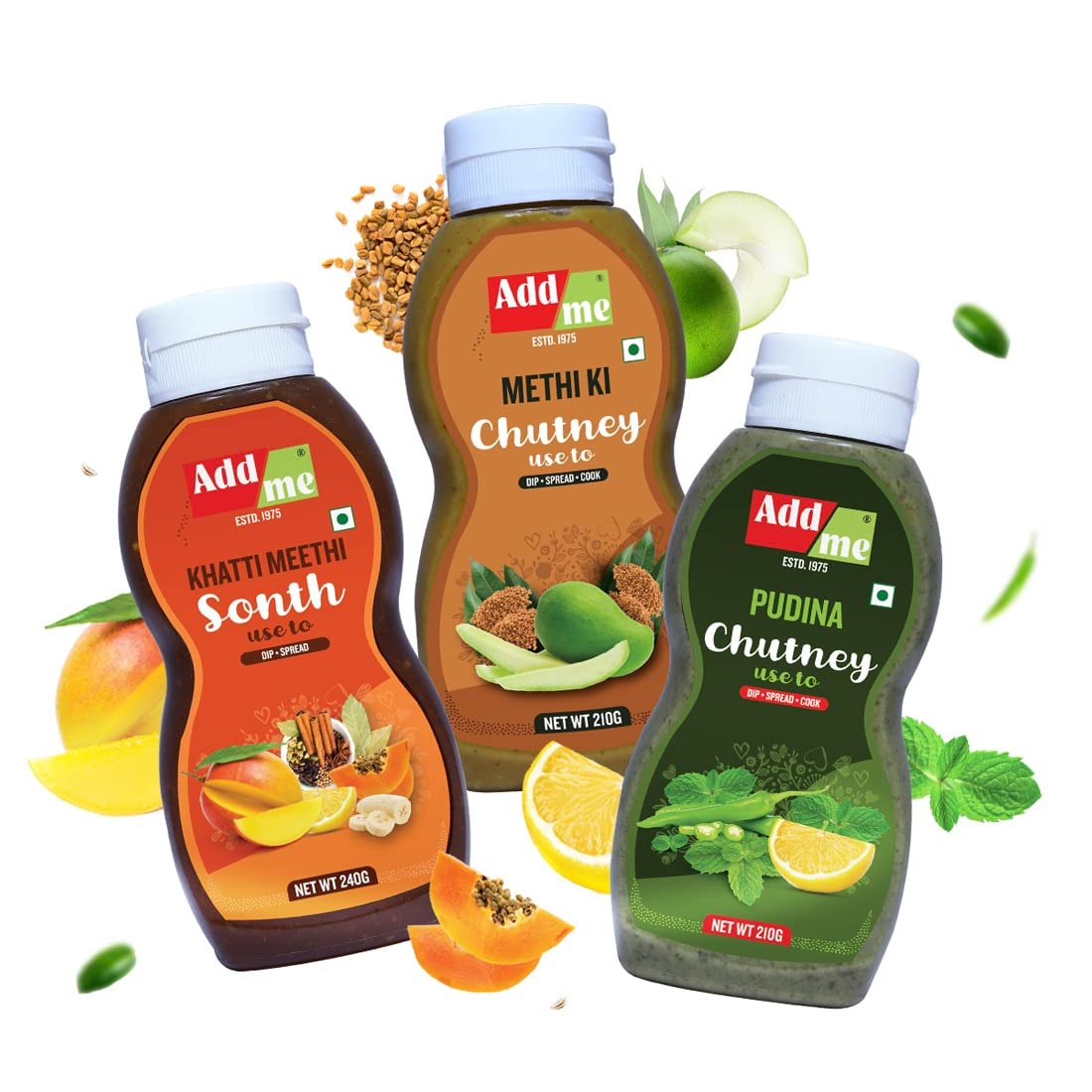 Add me 3 in 1 Chutneys of Khatti Meethi sonth Chutney 240gm + Mango Methi Dana Pickles 210gm + Dhania Pudina Chutney 200gm | Flavorful Pickle Chutneys in Squeeze Bottle
