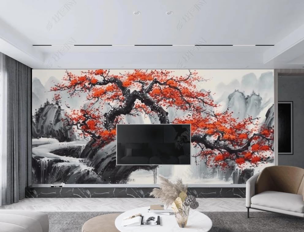 Poster géant mural fleur de prunier rouge pour une décoration de salon et chambre zen