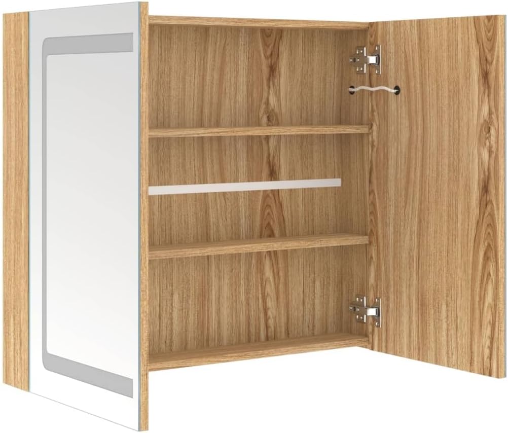 LED Mirror Cabinet 80 x 12 x 68 cm Oak Bathroom Modern Wall Furniture with 3 Shelves Storage Space Narrow for Small Rooms and Hallway