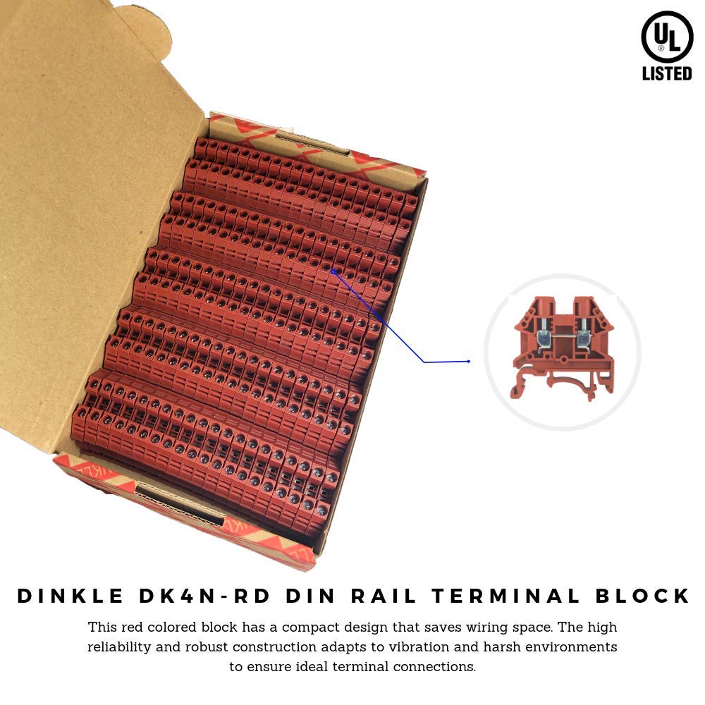 Dinkle DK4N-RD DIN Rail Terminal Block, Screw Type UL 600V 30A 10-22AWG, Red (Pack of 100) - Image 3