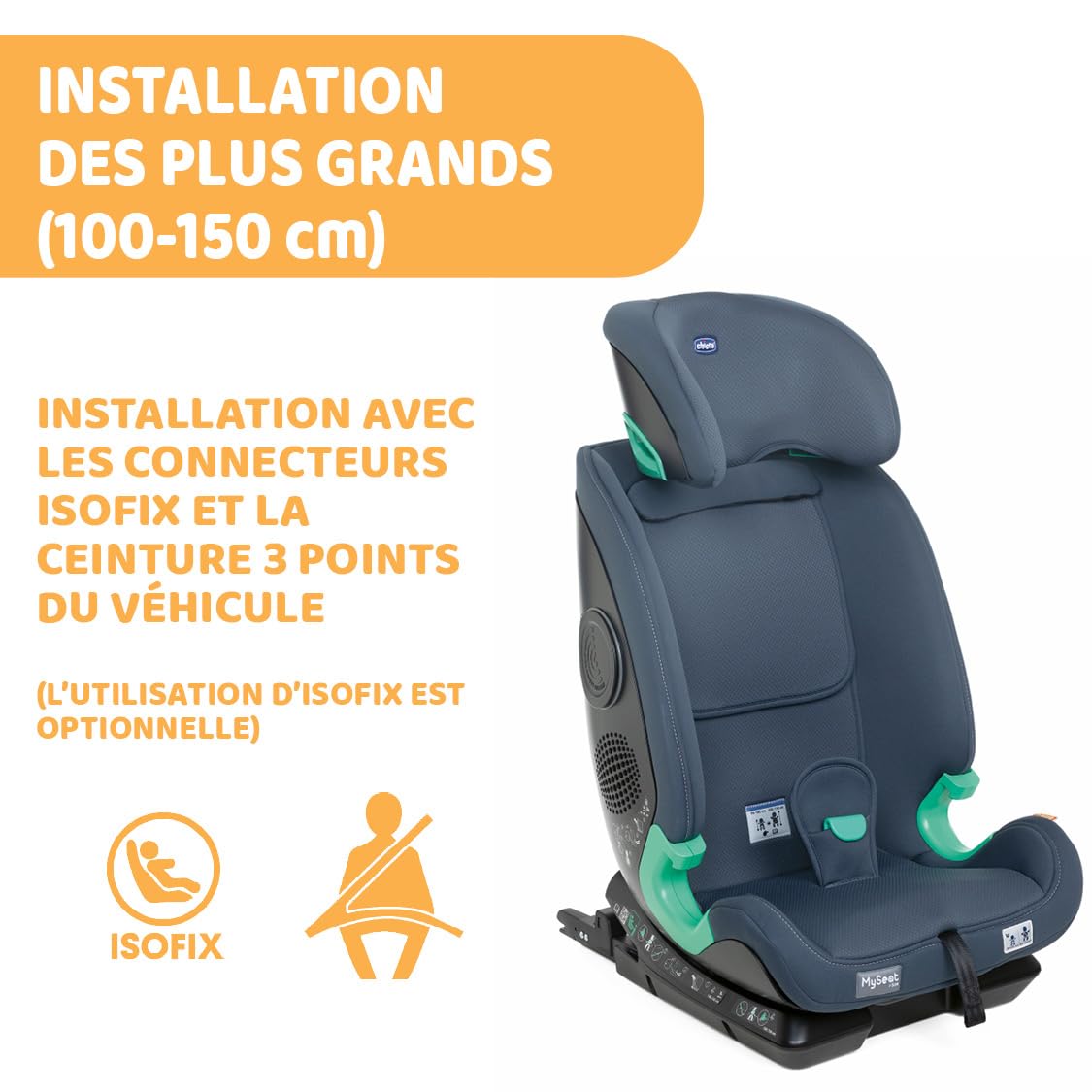 MySeat, fotelik samochodowy, z systemem Isofix, zastosowanie z wbudowanymi pasami i pasami samochodowymi, leżący, z regulacją wysokości, dopuszczony do użytku ECE R 129/03 L, rozmiar 76-150 cm, od 15