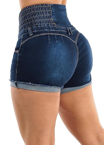 Moda Xpress Butt Lifting Denim Shorts for Women - Mid - High Waisted Shorts - Levanta Cola - 11 - 12219c_gogo2737dkblu Dark Blue