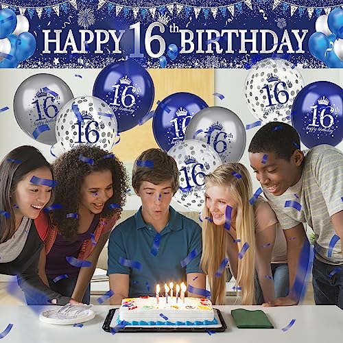 Image of Blue Silver 16th Birthday Banner and Balloons for Indoor /Outdoor Parties