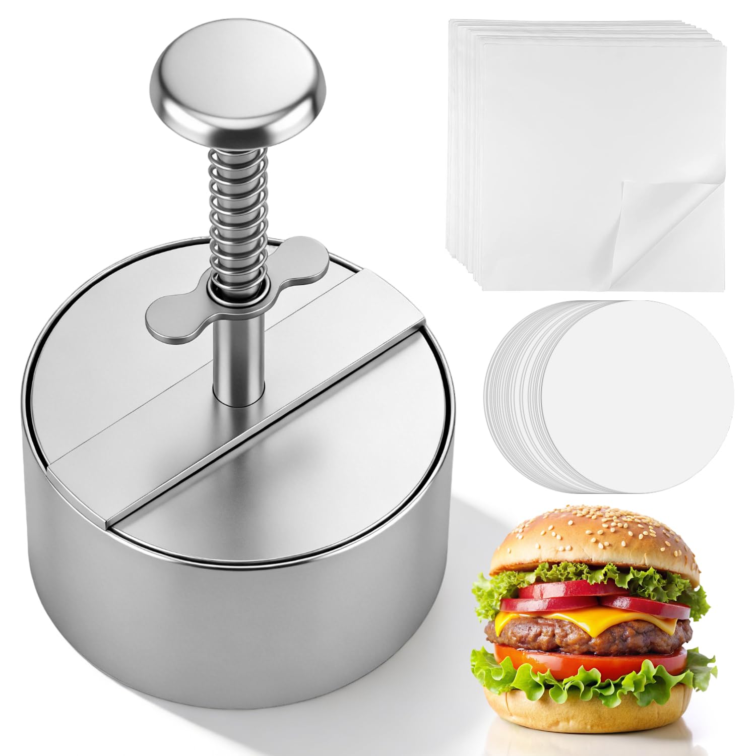 304 Acero Inoxidable Prensa Hamburguesas Hacer Hamburguesas de 11Cm de Diámetro Incluye 150 Láminas Papel Horno Molde para Hacer Hamburguesas Adecuado para Barbacoas y Ocasiones Similares