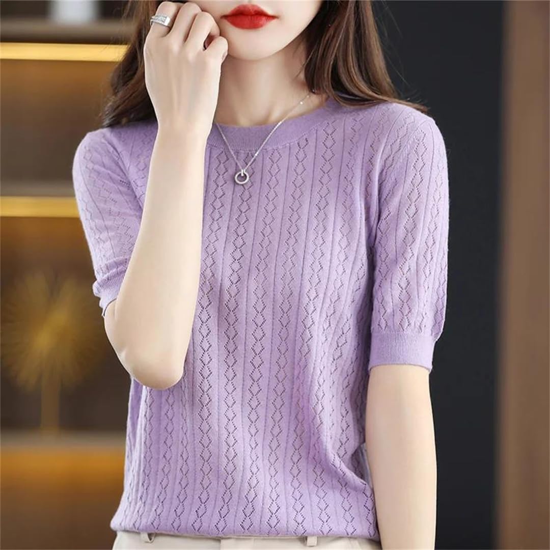 Maglietta estiva da donna, a maniche corte, casual, tinta unita, traforata, con scollo rotondo