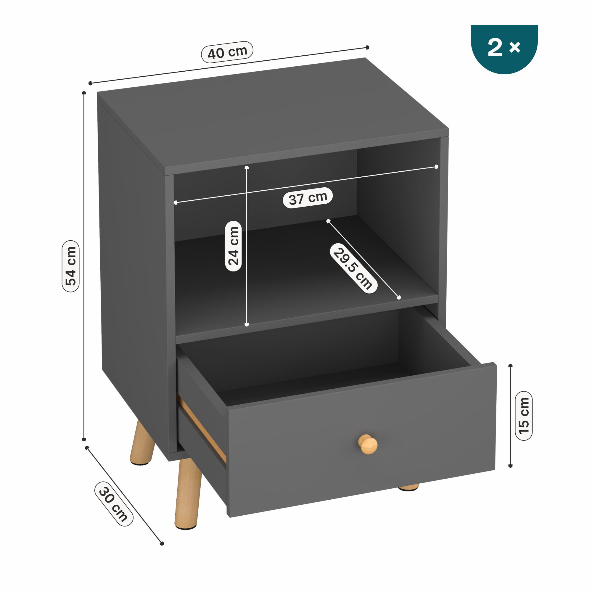 [en.casa] Lot de 2 Tables d'Appoint avec Compartiment de Rangement et Tiroir Ensemble de 2 Tables Basses Capacité de Charge 5 kg Panneau de Particules Bois 54 x 40 x 30 cm Gris Foncé