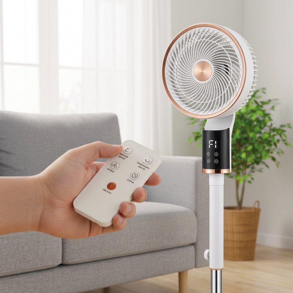 Brigros White - Ventilatore a Piantana Arion 50W con Display LED e Timer 12 Ore, Ventola Turbo con Oscillazione Verticale e Orizzontale, 3 Velocità, Altezza Regolabile, 31x26x105 cm