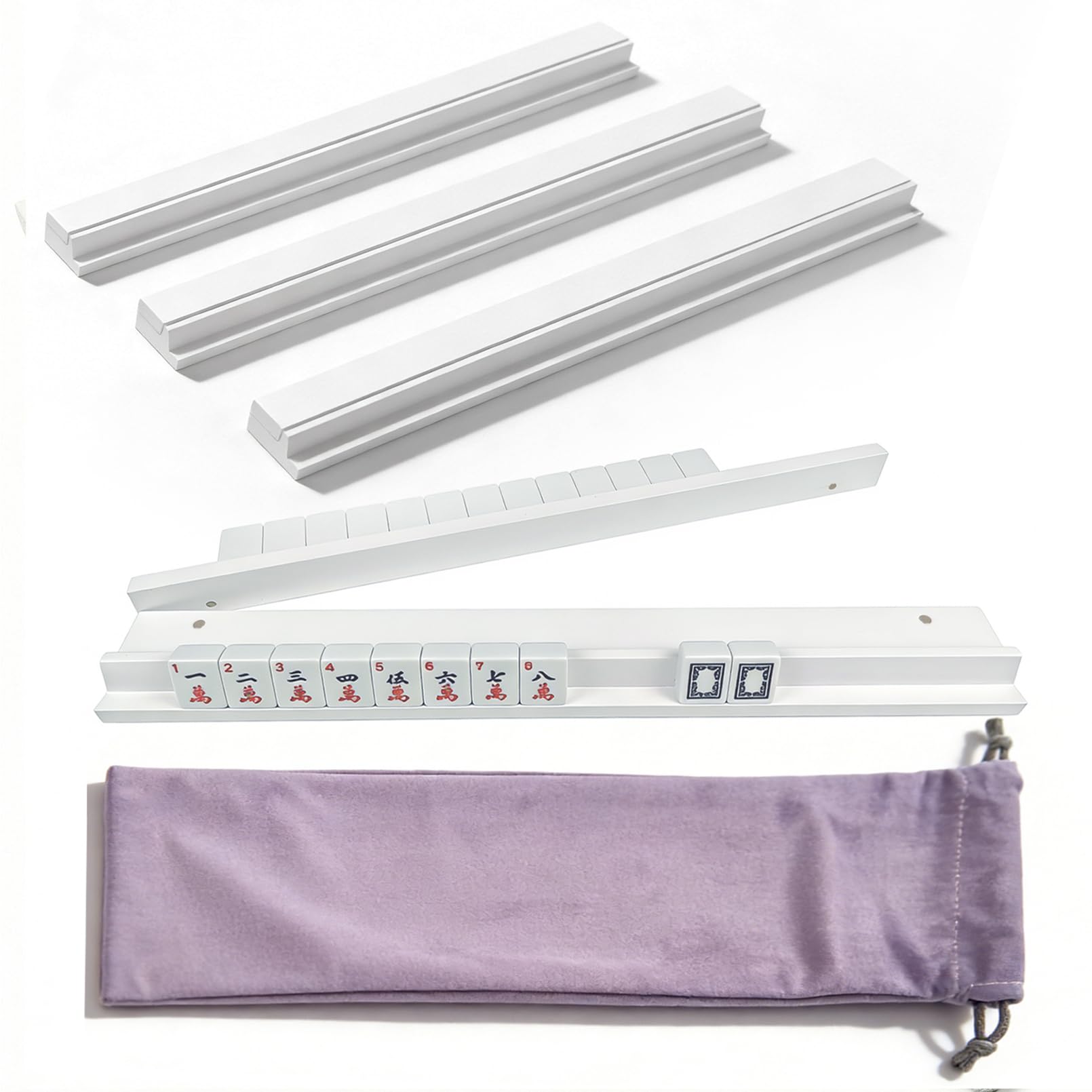 Photo 1 of ezylgo Wooden Mahjong Racks with Pushers (Set of 4) - White Pine Wood Tile Holders for American Mahjong - 17.3 Inch Magnetic Pusher Arms & Storage Bag - Portable Game Accessories (White)