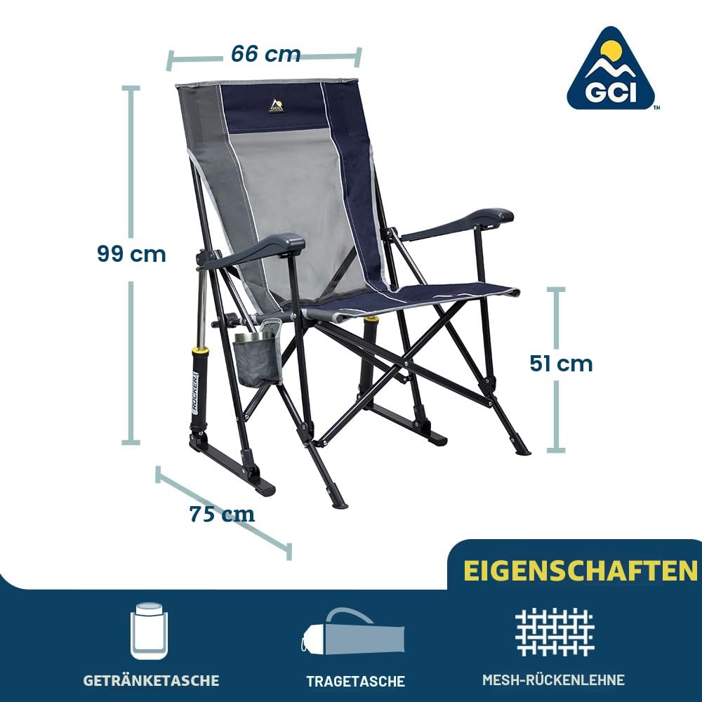GCI Outdoor Roadtrip Rocker Campingstuhl | Tragbarer, klappbarer Schaukelstuhl mit soliden, langlebigen Armlehnen, Getränkehalter & bequemer verlängerter Rückenlehne – Indigoblau