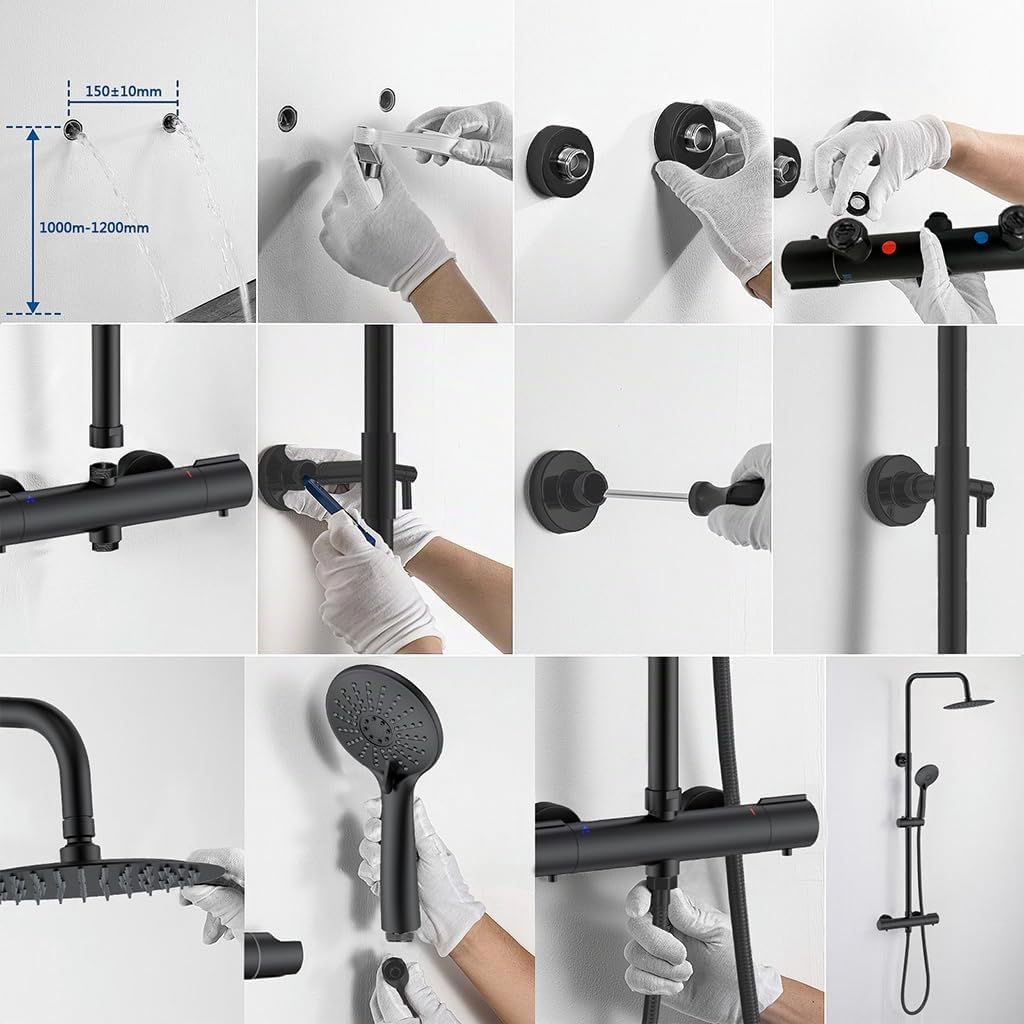 Colonna Doccia AICA ITALY con Rubinetto Termostatico Diam. 40mm Nero Opaco | Soffione doccia Rotondo da 20cm, Doccetta a Mano ha 3 Modi di Getti, Saliscendi Doccia Regolabile 73-117cm in Altezza