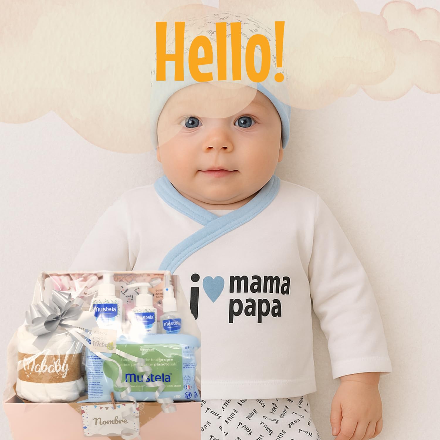 Canastilla Bebé Personalizada Hello!, Set de Regalo de Nacimiento con Ropita de Primera Puesta, Gel, Loción, Colonia, Toallitas y Marco Decorativo con Significado del Nombre (Rosa)