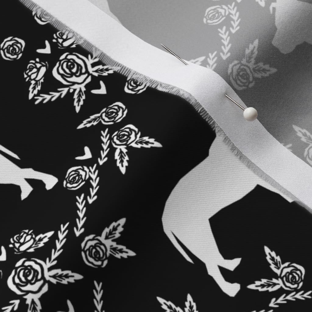 Spoonflower Fabric - Pitbull Floral Silhouette Dog Breed Pattern Black White Pitbulls Dogs Printed on Organic Cotton Sateen Fabric by The Yard - Sewing Quilting Apparel Home Decor