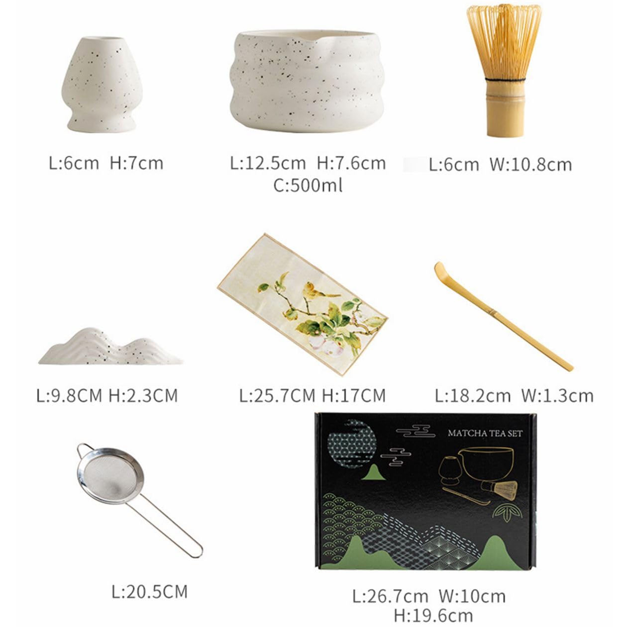 Juego de 7 piezas de matcha, juegos de ceremonia de té japonés, juego de batidor de matcha para hacer matcha con batidor y cuenco, soporte para batidor, cuchara de bambú, soporte para cucharas, tamiz